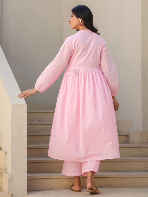 Light Pink Dobby Pure Cotton Self Design A-line Maternity Kurta Pant Set